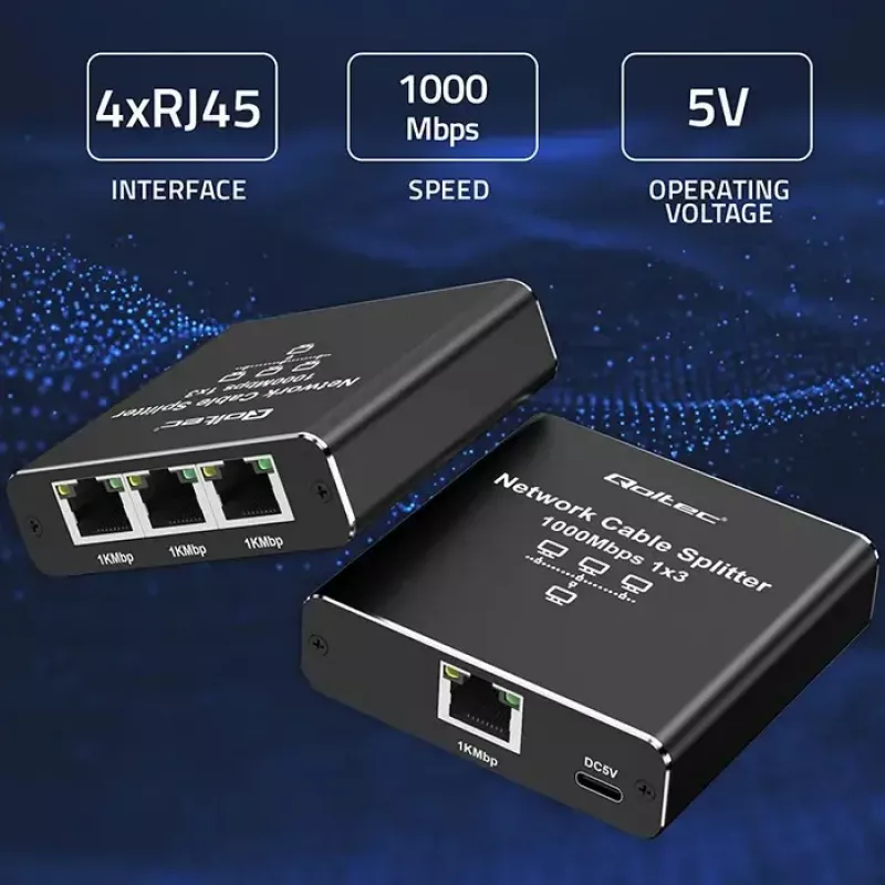 Splitter Ethernet QOLTEC 52294 1x3 RJ45 con entrada de alimentación USB-C