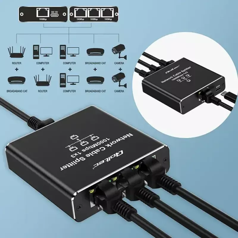 Splitter Ethernet QOLTEC 52294 1x3 RJ45 con entrada de alimentación USB-C