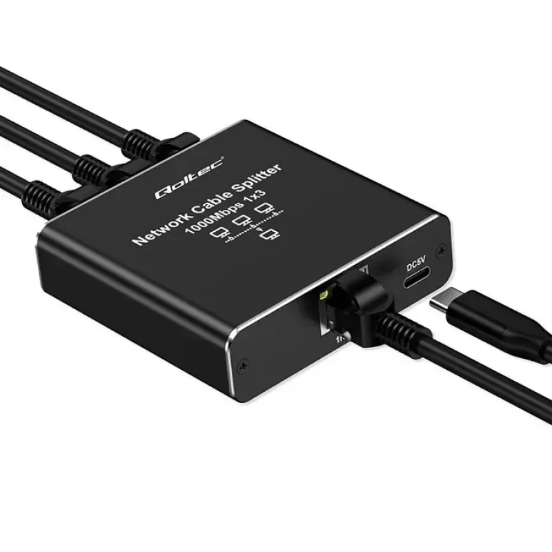 Splitter Ethernet QOLTEC 52294 1x3 RJ45 con entrada de alimentación USB-C