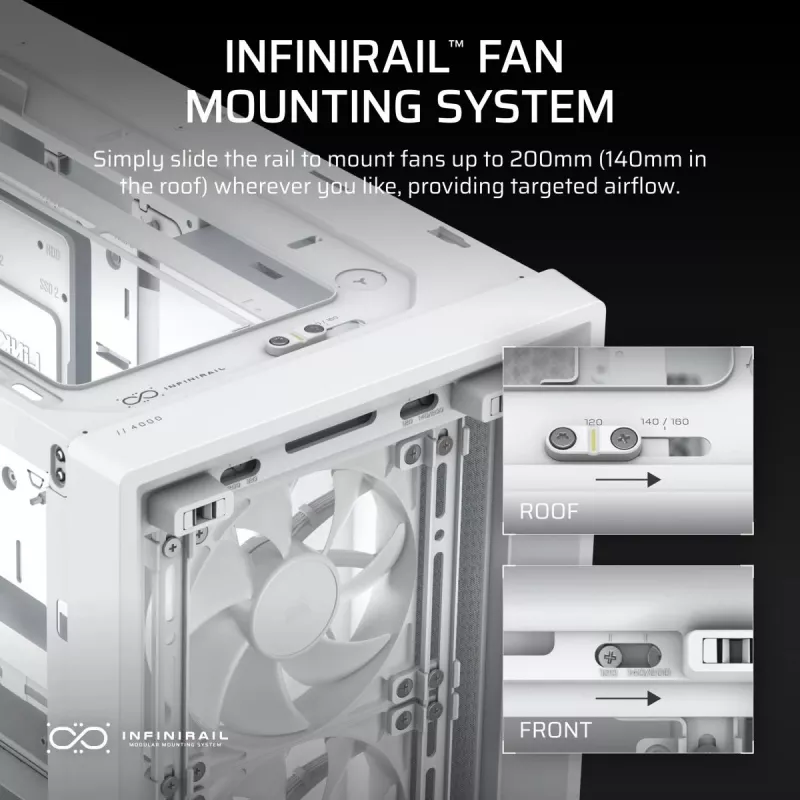 Caja de PC CORSAIR FRAME 4000D RS Midi Tower blanca — ATX, cristal templado, 3 ventiladores frontales de 120 mm, compatible con radiadores de 360/240/140 mm