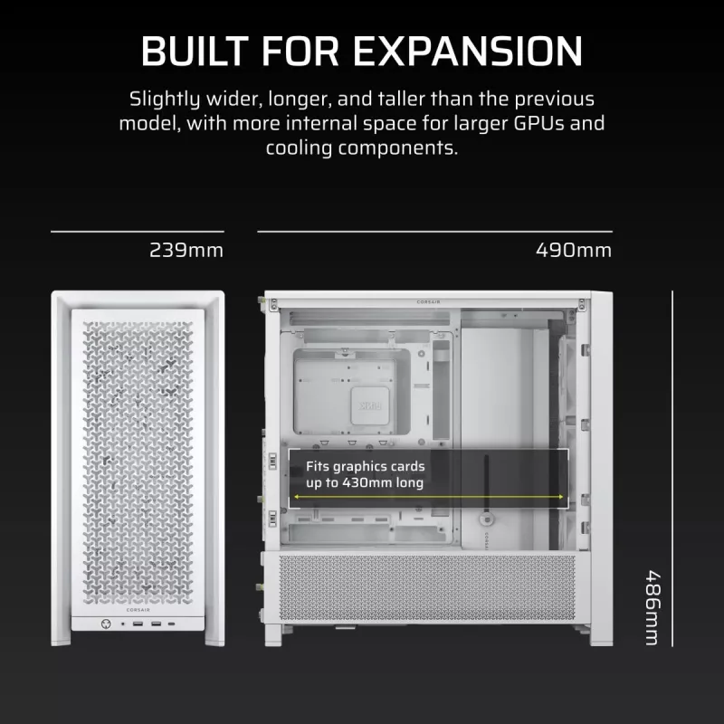 Caja de PC CORSAIR FRAME 4000D RS Midi Tower blanca — ATX, cristal templado, 3 ventiladores frontales de 120 mm, compatible con radiadores de 360/240/140 mm