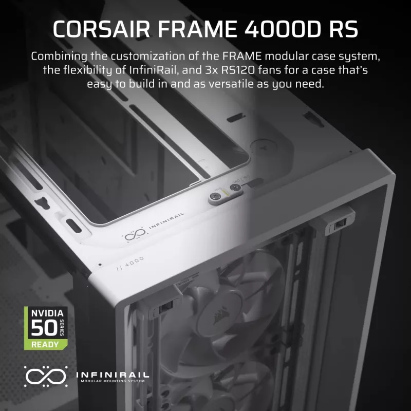 Caja de PC CORSAIR FRAME 4000D RS Midi Tower blanca — ATX, cristal templado, 3 ventiladores frontales de 120 mm, compatible con radiadores de 360/240/140 mm