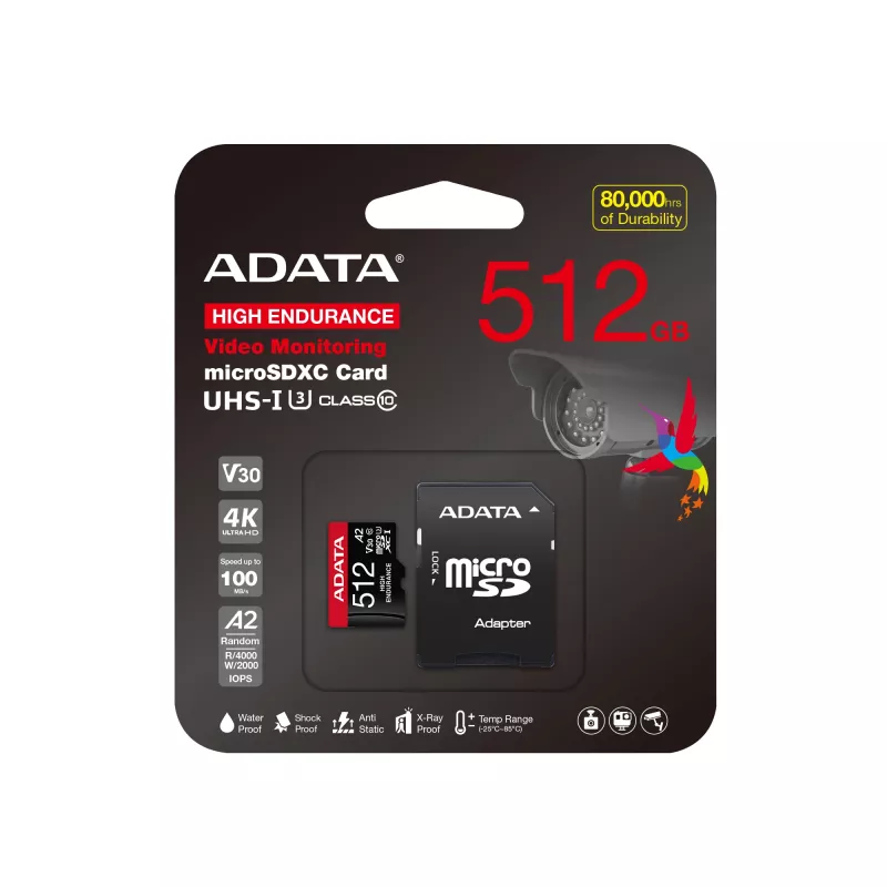 Tarjeta de memoria microSDXC ADATA 512GB UHS‑I U3 V30 Clase 10 A2, 100/85 MB/s, resistente al agua