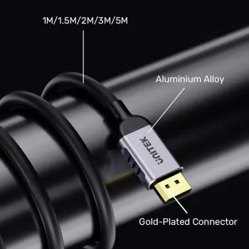 Cable DisplayPort Unitek C1628GY01-2M — 2 m, DisplayPort 2.1, 7680×4320 @ hasta 240 Hz, 32,4 canales, cobre estañado