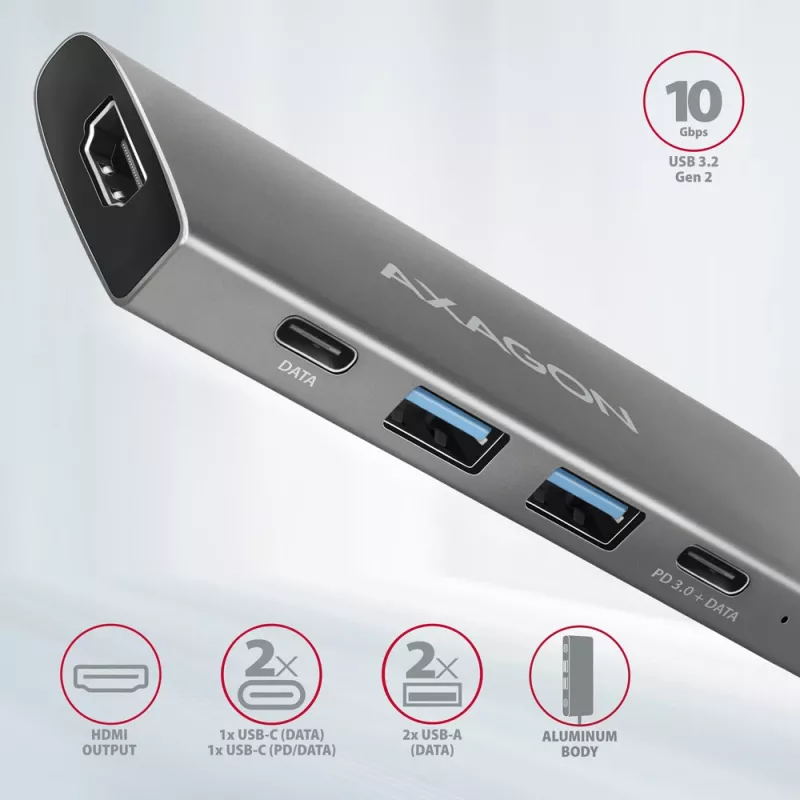 Hub USB Axagon HMC-5G21 10Gbps, 2x USB-A, 2x USB-C, HDMI 4k/30Hz, PD 60W, cable USB-C