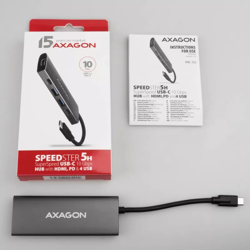 Hub USB Axagon HMC-5G21 10Gbps, 2x USB-A, 2x USB-C, HDMI 4k/30Hz, PD 60W, cable USB-C