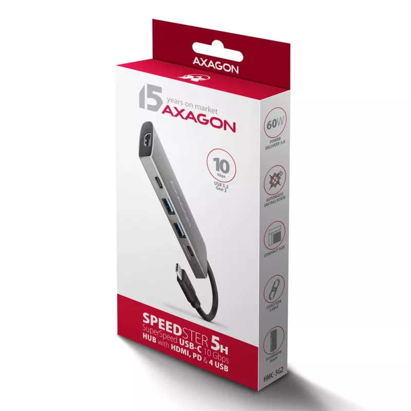 Hub USB Axagon HMC-5G21 10Gbps, 2x USB-A, 2x USB-C, HDMI 4k/30Hz, PD 60W, cable USB-C
