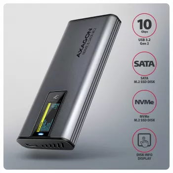 Axagon EEM2-SD2 USB-C 10Gbps - caja con pantalla para SSD M.2 NVMe y SATA