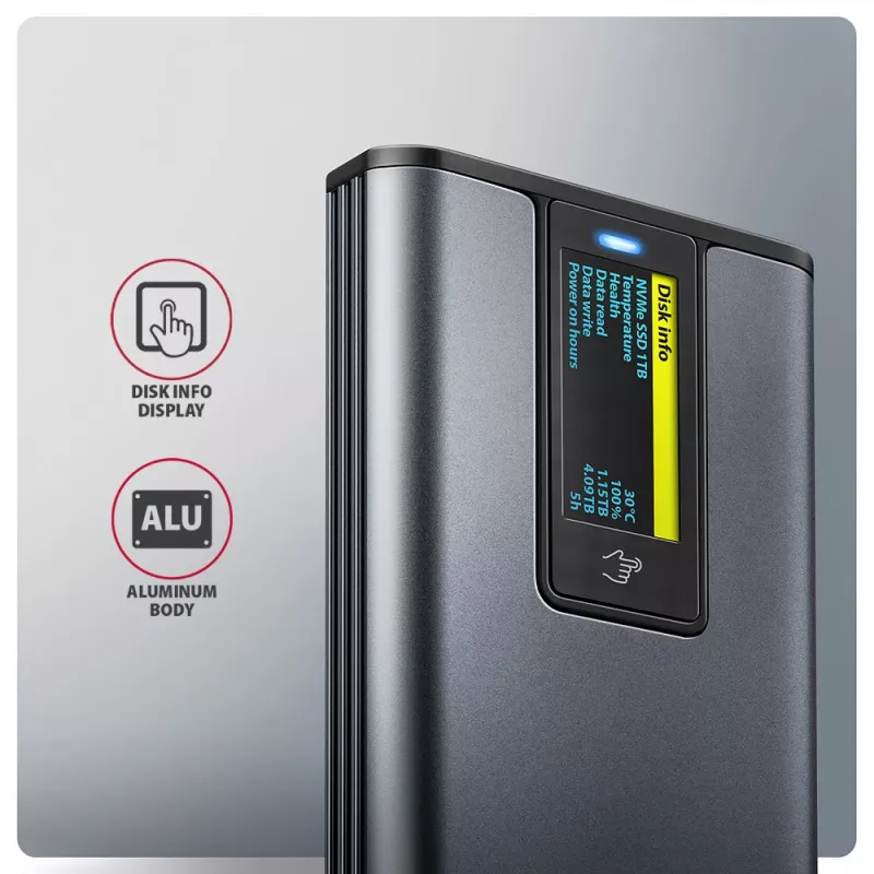 Axagon EEM2-SD2 USB-C 10Gbps - caja con pantalla para SSD M.2 NVMe y SATA