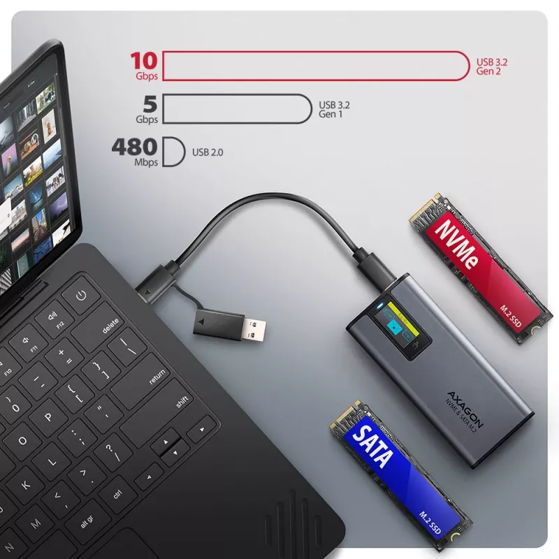 Axagon EEM2-SD2 USB-C 10Gbps - caja con pantalla para SSD M.2 NVMe y SATA