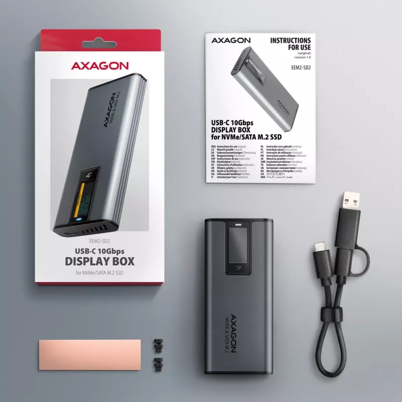 Axagon EEM2-SD2 USB-C 10Gbps - caja con pantalla para SSD M.2 NVMe y SATA