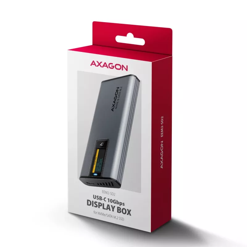Axagon EEM2-SD2 USB-C 10Gbps - caja con pantalla para SSD M.2 NVMe y SATA