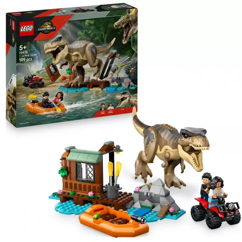Set de construcción LEGO dinosaurio T. rex River Escape 76975 — 199 piezas, 2 minifiguras, edad 5+