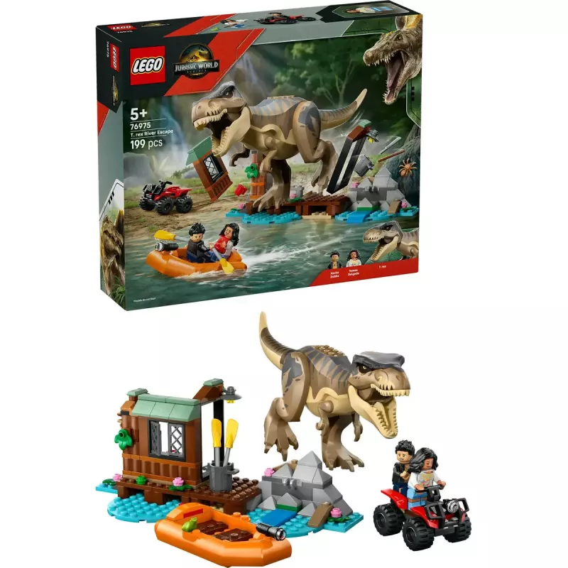 Set de construcción LEGO dinosaurio T. rex River Escape 76975 — 199 piezas, 2 minifiguras, edad 5+