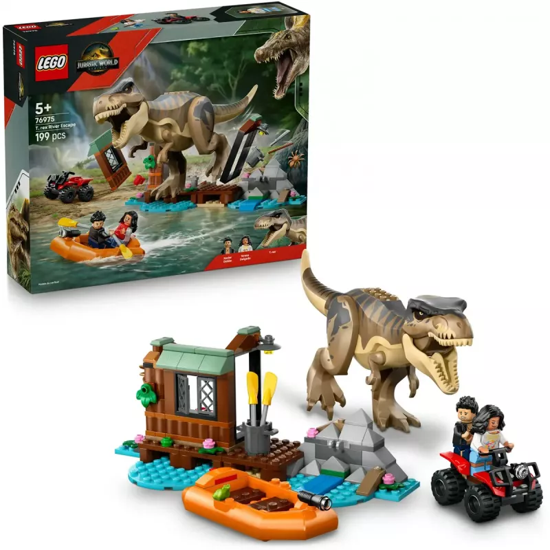 Set de construcción LEGO dinosaurio T. rex River Escape 76975 — 199 piezas, 2 minifiguras, edad 5+
