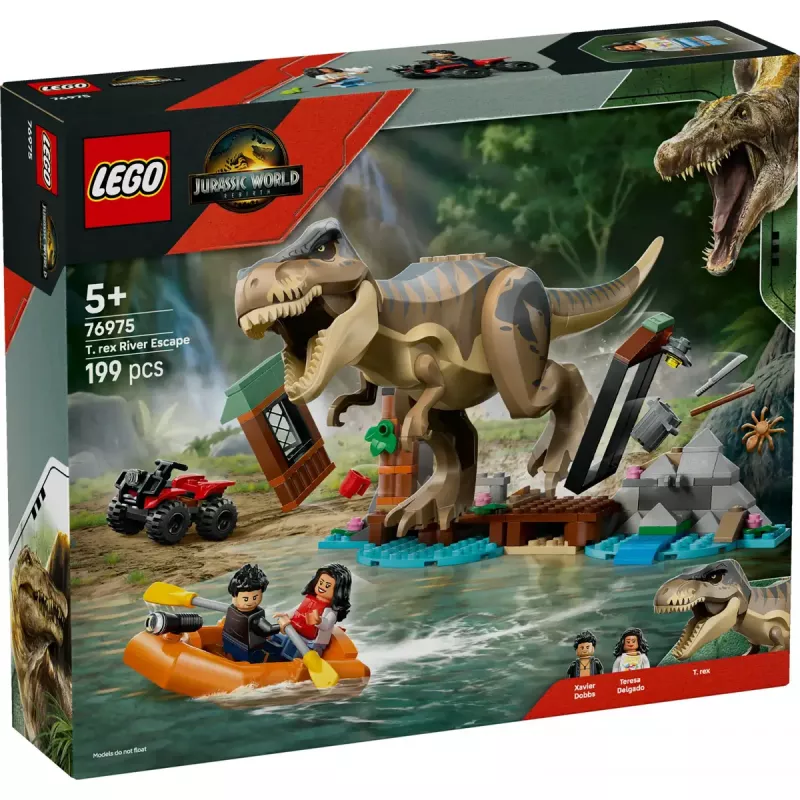Set de construcción LEGO dinosaurio T. rex River Escape 76975 — 199 piezas, 2 minifiguras, edad 5+