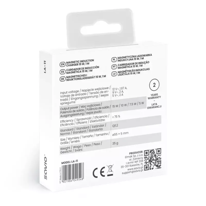 Cargador inalámbrico de interior para móviles SAVIO LA-11, Qi 1.2, 15 W, blanco, 55×55×5 mm