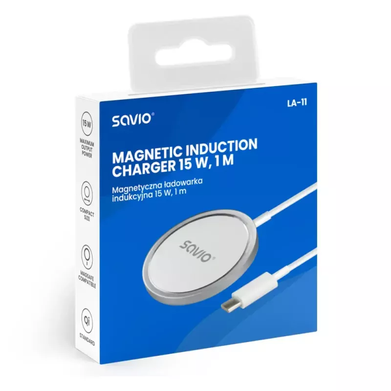 Cargador inalámbrico de interior para móviles SAVIO LA-11, Qi 1.2, 15 W, blanco, 55×55×5 mm