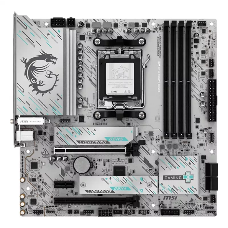 Placa base MSI B850M GAMING PLUS WIFI — AMD B850, socket AM5, micro ATX, DDR5, 4x DIMM, 3x M.2, Wi‑Fi 7, 5 Gb LAN