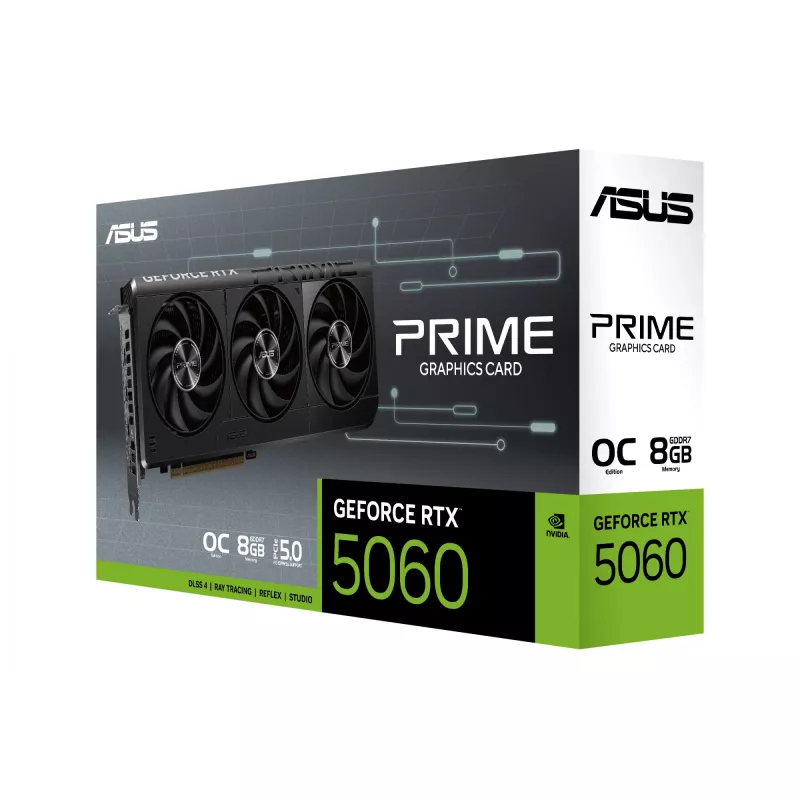 Tarjeta gráfica ASUS GeForce RTX 5060 — 8 GB GDDR7, 128 bits, PCIe 5.0, 3x DisplayPort 2.1b + 1x HDMI 2.1b, 2595 MHz OC, 3 ventiladores, 268,3 mm