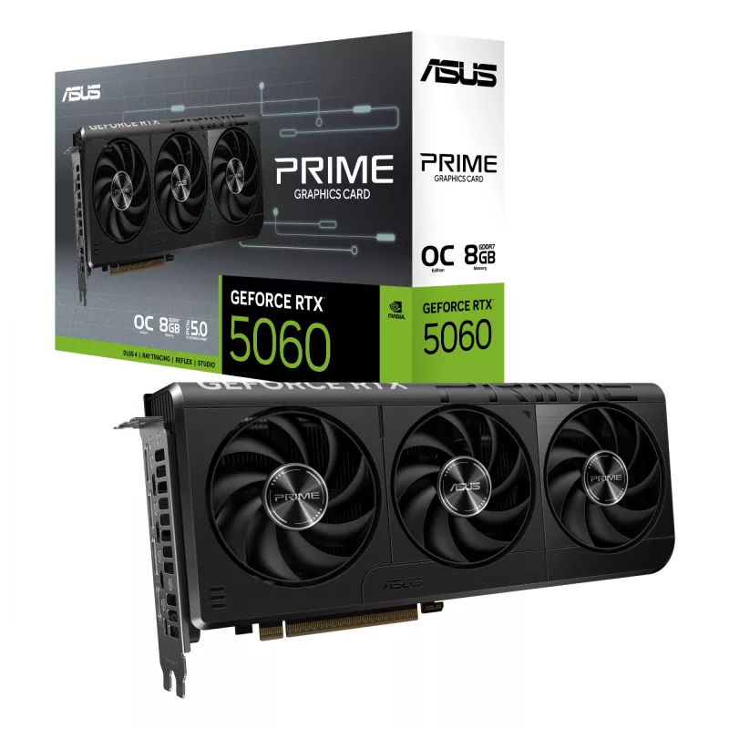 Tarjeta gráfica ASUS GeForce RTX 5060 — 8 GB GDDR7, 128 bits, PCIe 5.0, 3x DisplayPort 2.1b + 1x HDMI 2.1b, 2595 MHz OC, 3 ventiladores, 268,3 mm