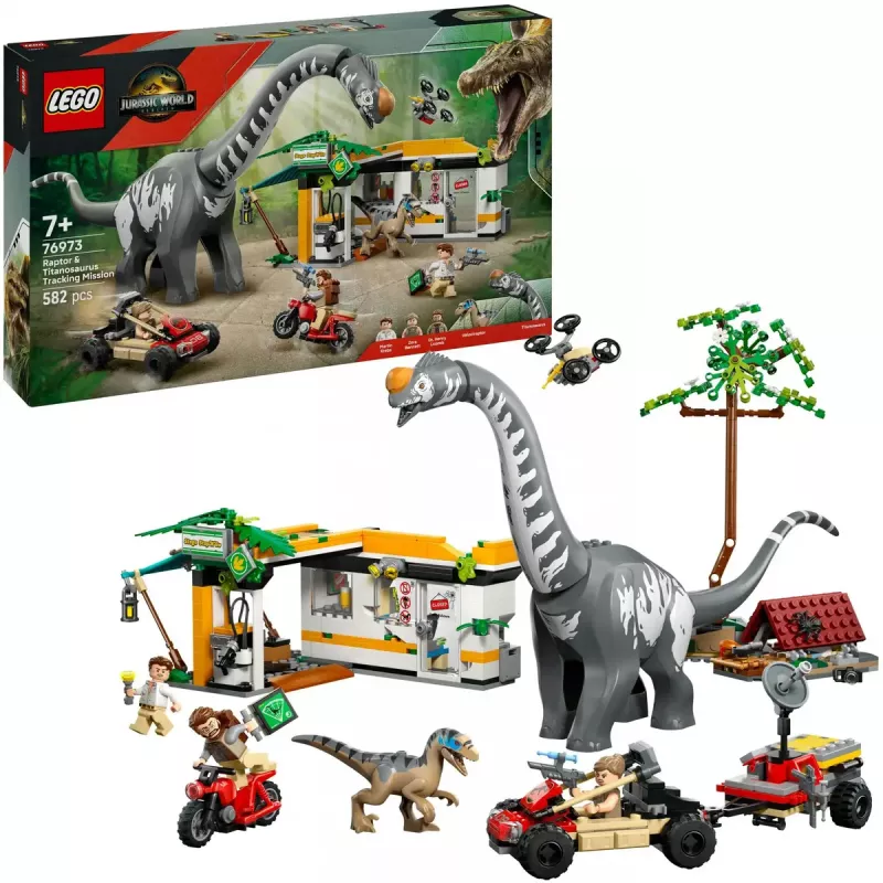 Set LEGO Jurassic World 76973 — Raptor y Titanosaurus con 3 figuras, 582 piezas, a partir de 7 años
