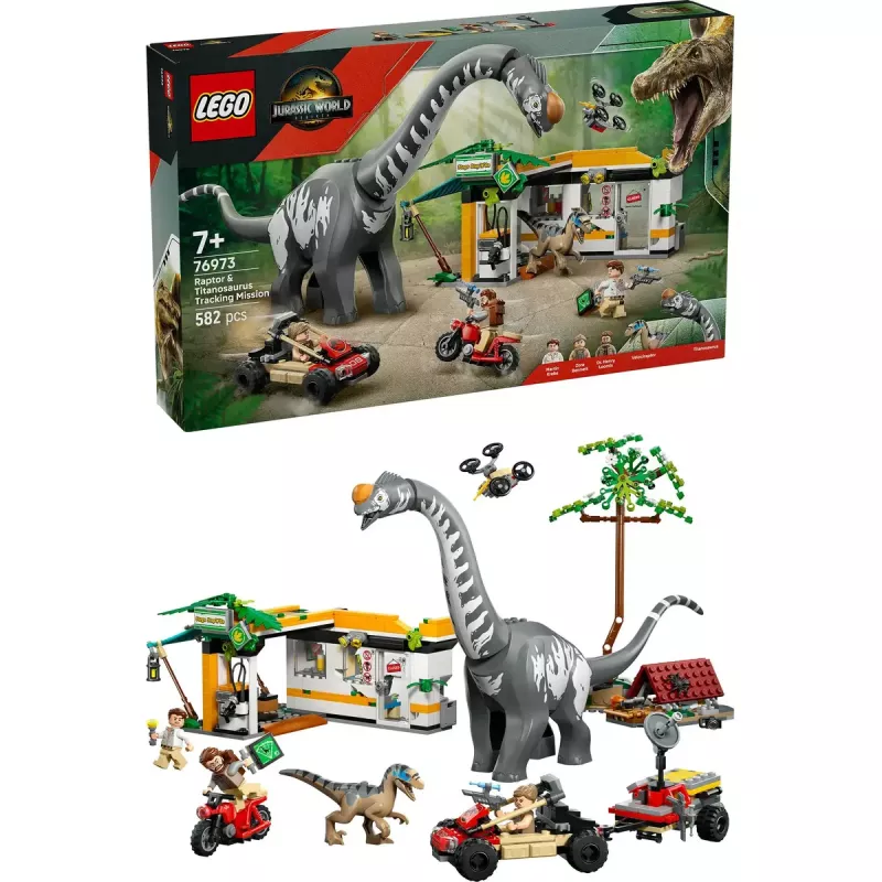 Set LEGO Jurassic World 76973 — Raptor y Titanosaurus con 3 figuras, 582 piezas, a partir de 7 años