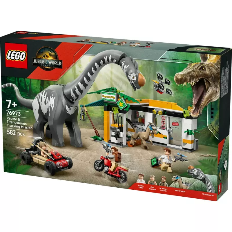 Set LEGO Jurassic World 76973 — Raptor y Titanosaurus con 3 figuras, 582 piezas, a partir de 7 años