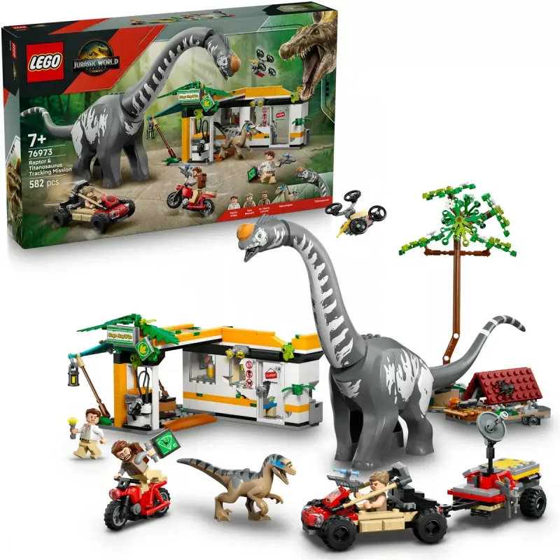 Set LEGO Jurassic World 76973 — Raptor y Titanosaurus con 3 figuras, 582 piezas, a partir de 7 años