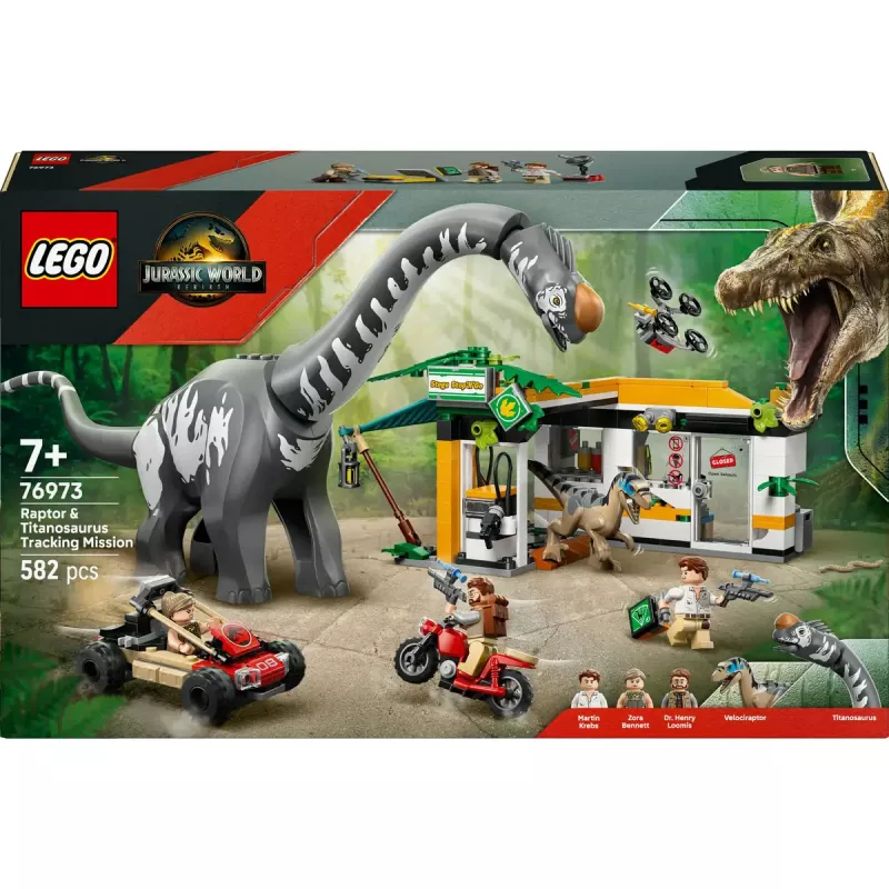 Set LEGO Jurassic World 76973 — Raptor y Titanosaurus con 3 figuras, 582 piezas, a partir de 7 años