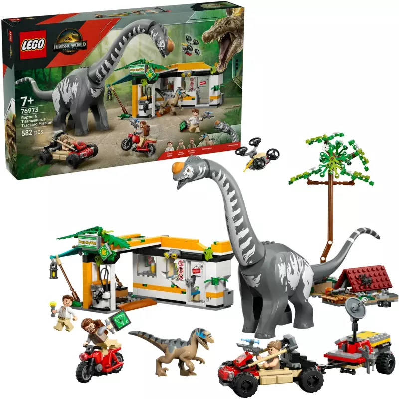 Set LEGO Jurassic World 76973 — Raptor y Titanosaurus con 3 figuras, 582 piezas, a partir de 7 años