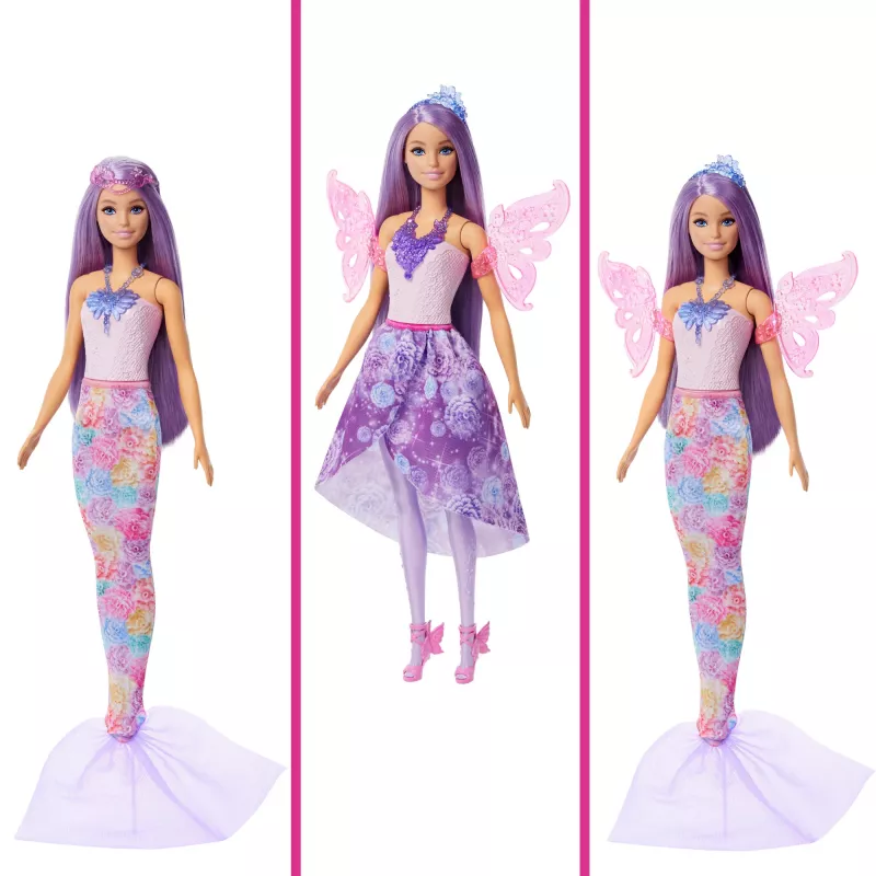 Muñeca Barbie set de moda fantástica con accesorios, incluyendo cola de sirena, alas de hada y collares