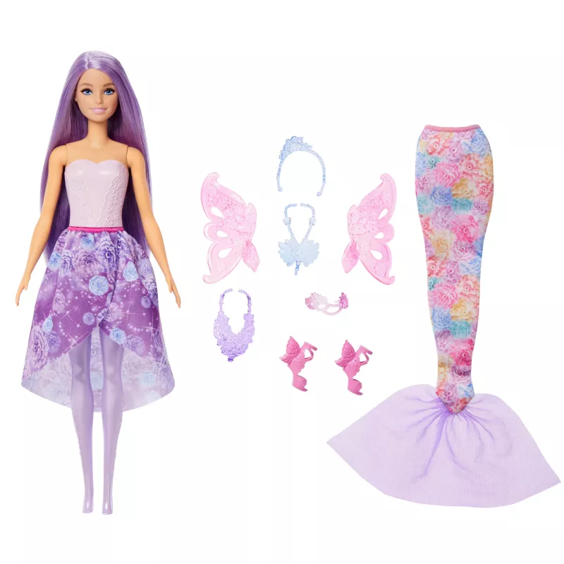 Muñeca Barbie set de moda fantástica con accesorios, incluyendo cola de sirena, alas de hada y collares