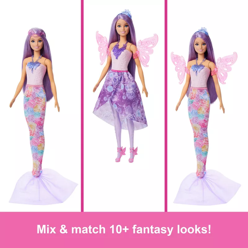 Muñeca Barbie set de moda fantástica con accesorios, incluyendo cola de sirena, alas de hada y collares