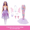 Muñeca Barbie set de moda fantástica con accesorios, incluyendo cola de sirena, alas de hada y collares