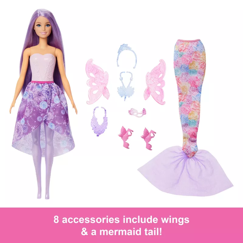 Muñeca Barbie set de moda fantástica con accesorios, incluyendo cola de sirena, alas de hada y collares