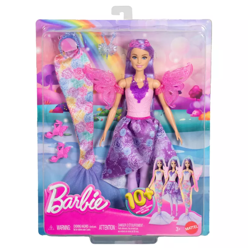 Muñeca Barbie set de moda fantástica con accesorios, incluyendo cola de sirena, alas de hada y collares