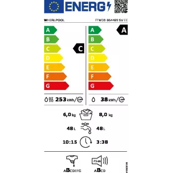 Lavadora secadora WHIRLPOOL FFWDB 864489 SV EE carga frontal 6 kg 1400 rpm blanca