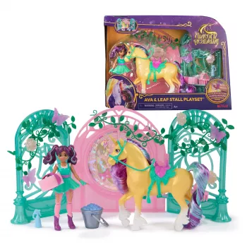 Unicorn Academy, set de juego de muñeca Ava y establo de hoja con cambio de color, idea de regalo de Pascua, 15 accesorios, muñecas y juguete de unicornio para niñas a partir de 4 años