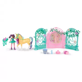 Unicorn Academy, set de juego de muñeca Ava y establo de hoja con cambio de color, idea de regalo de Pascua, 15 accesorios, muñecas y juguete de unicornio para niñas a partir de 4 años