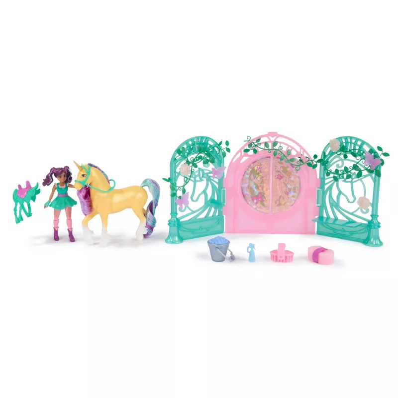 Unicorn Academy, set de juego de muñeca Ava y establo de hoja con cambio de color, idea de regalo de Pascua, 15 accesorios, muñecas y juguete de unicornio para niñas a partir de 4 años
