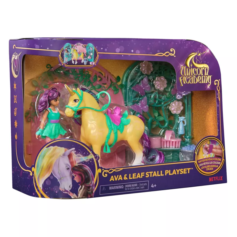 Unicorn Academy, set de juego de muñeca Ava y establo de hoja con cambio de color, idea de regalo de Pascua, 15 accesorios, muñecas y juguete de unicornio para niñas a partir de 4 años