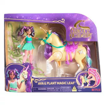 Unicorn Academy, Ava y hoja mágica de plantas con efecto luminoso, 2 accesorios de equitación, muñecas y juguete de unicornio para niñas a partir de 4 años