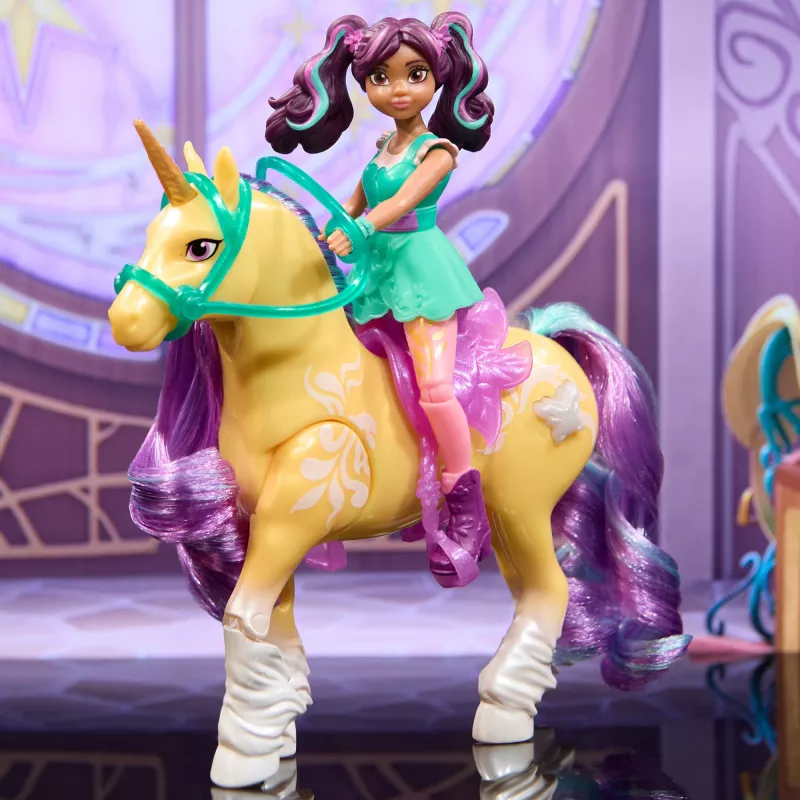 Unicorn Academy, Ava y hoja mágica de plantas con efecto luminoso, 2 accesorios de equitación, muñecas y juguete de unicornio para niñas a partir de 4 años