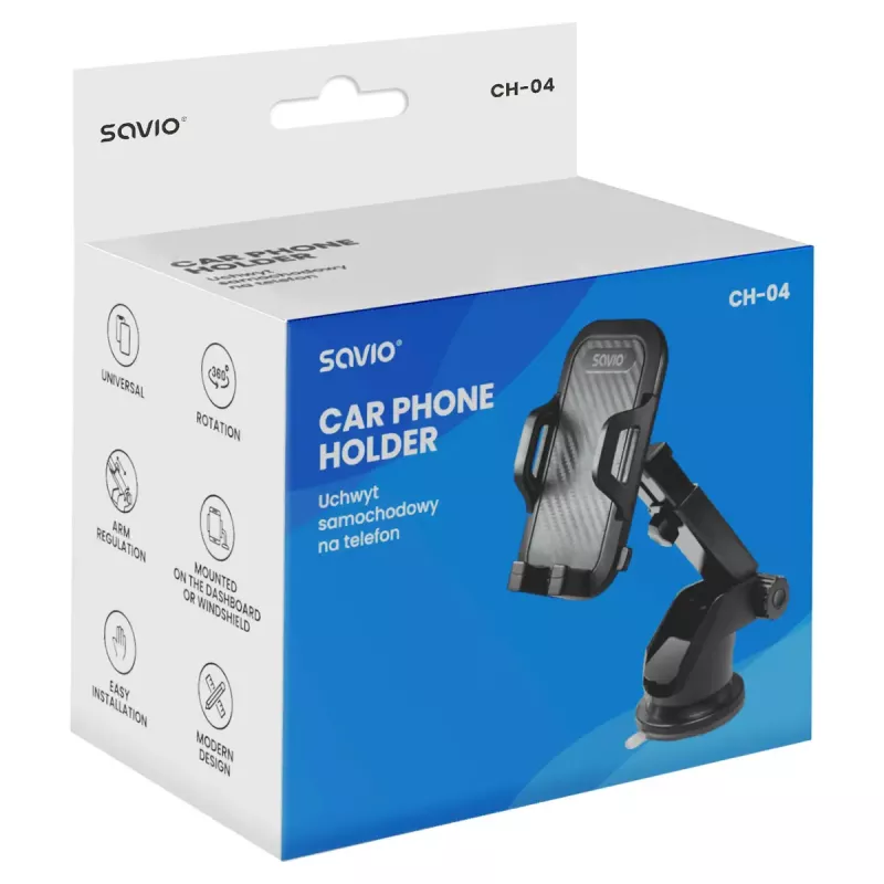 Savio CH-04 soporte de teléfono para coche, montaje en parabrisas/salpicadero, negro