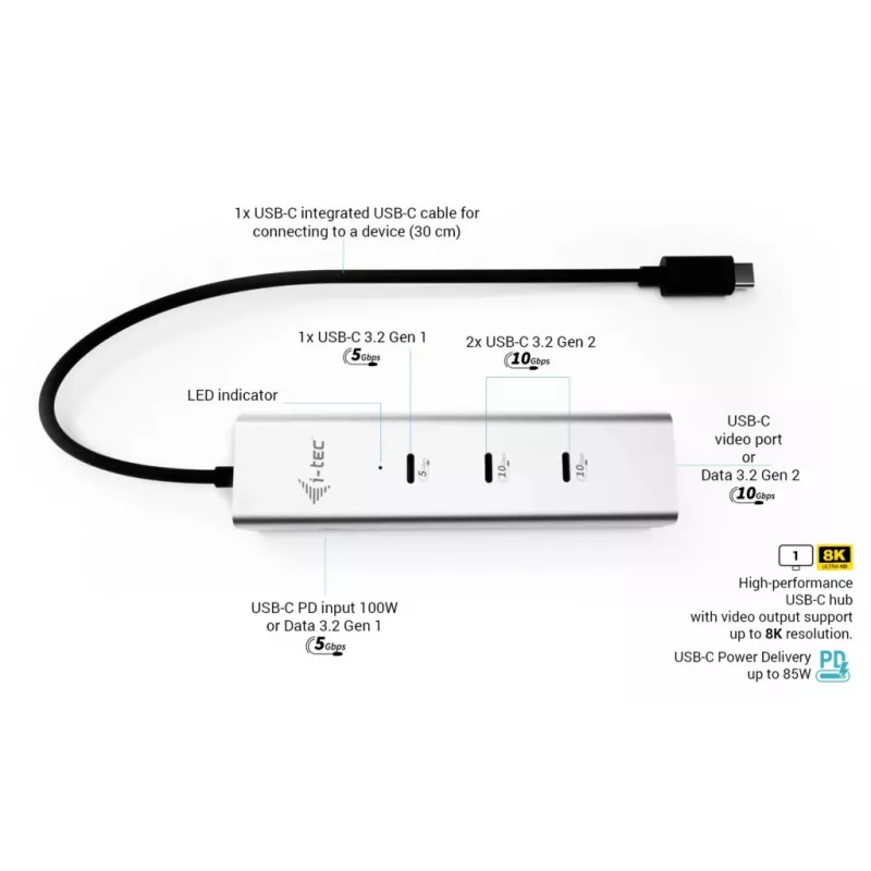 HUB de carga USB-C i-tec Metal 5 puertos con vídeo USB-C 8K + Power Delivery 85W