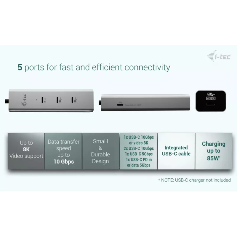 HUB de carga USB-C i-tec Metal 5 puertos con vídeo USB-C 8K + Power Delivery 85W
