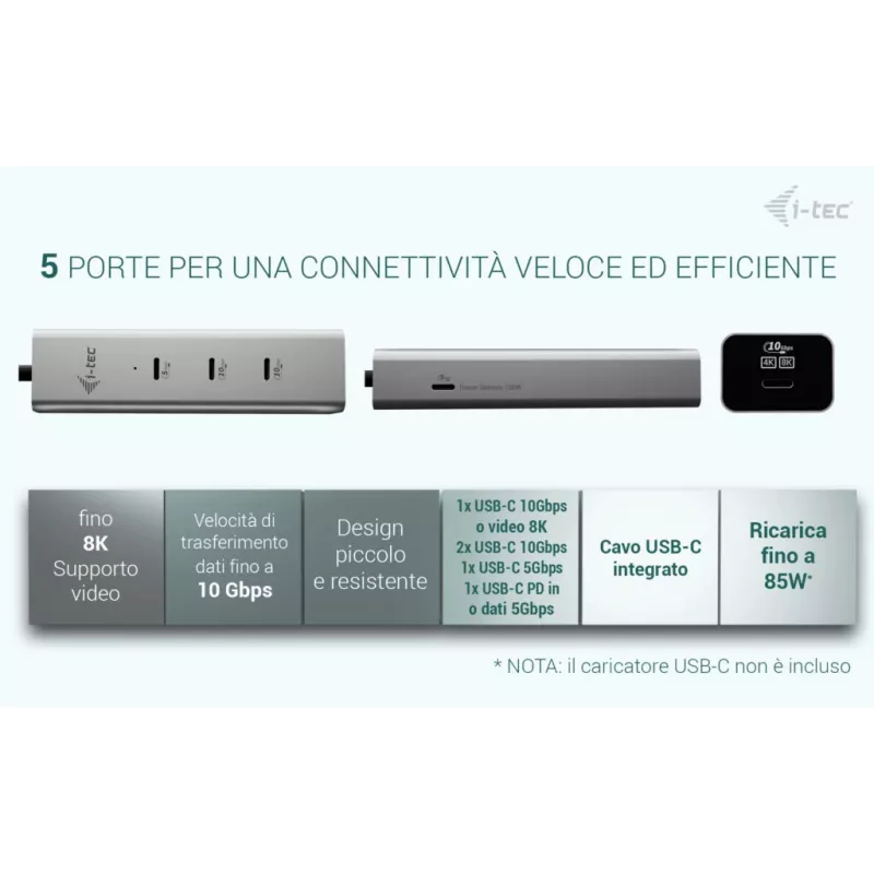 HUB de carga USB-C i-tec Metal 5 puertos con vídeo USB-C 8K + Power Delivery 85W