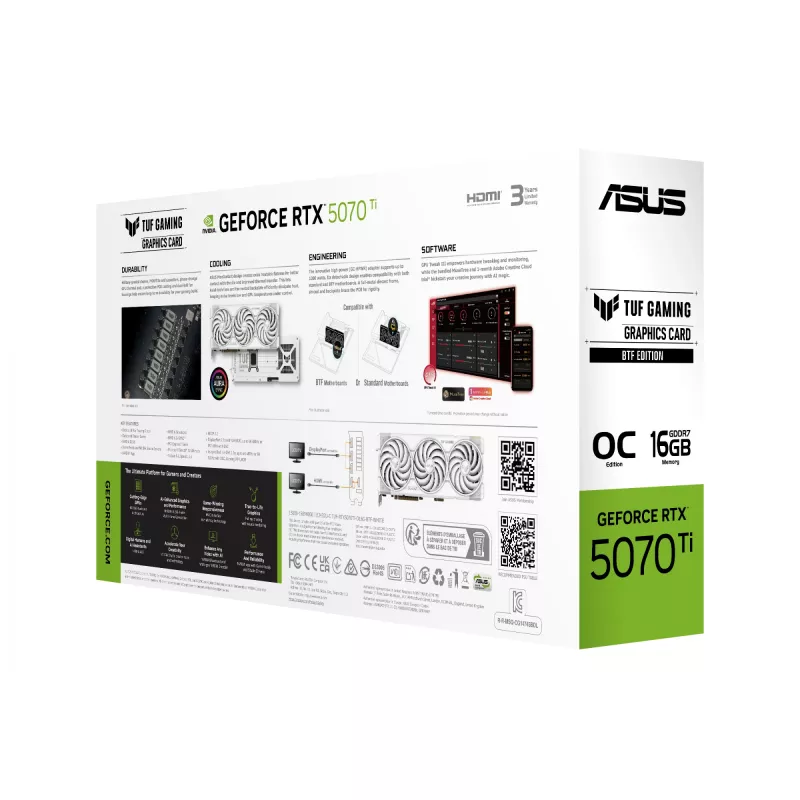 Tarjeta gráfica ASUS TUF NVIDIA GeForce RTX 5070 Ti 16 GB GDDR7 256 bits PCIe 5.0 3 ventiladores blanco