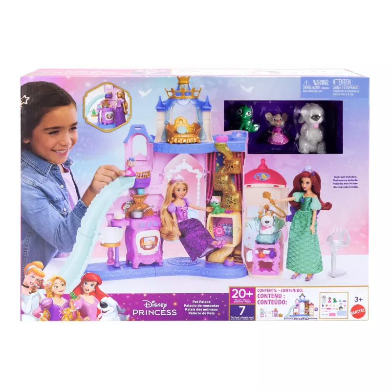 Set de juego Disney Princess Pet Palace con 7 zonas de juego, 3 amigos animales y más de 20 muebles y accesorios
